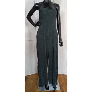 Francesca’s Green Metallic Pleated Wide Leg Jumpsuit Smocked Bodice Size M
